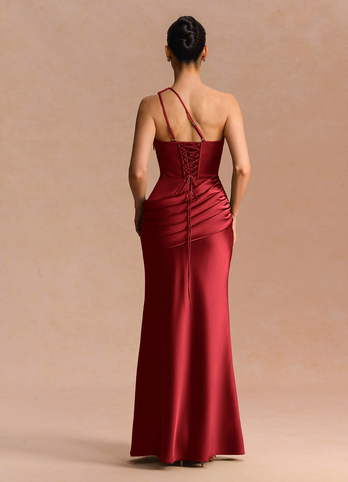 Guinevere One-Shoulder Cutout Stretch Satin Evening Dress in Cherry Red