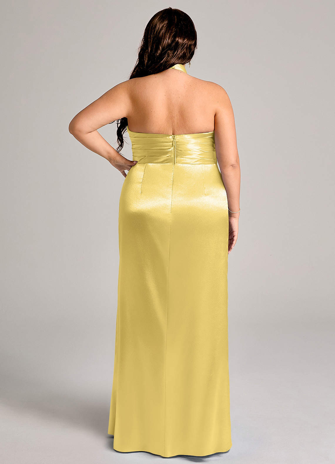 Jemma Sheath High-Neck Metallic Satin Bridesmaid Dress in Canary