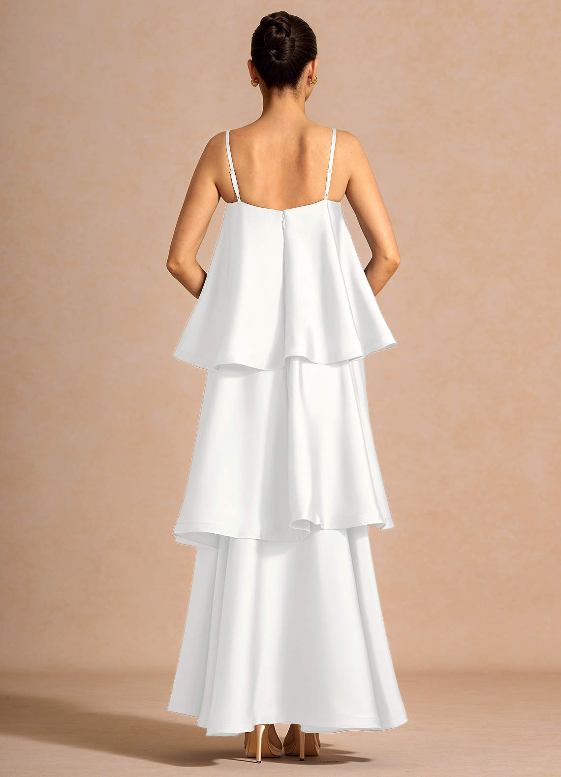 Itasca A-Line Tiered Stretch Satin Wedding Guest Dress in White