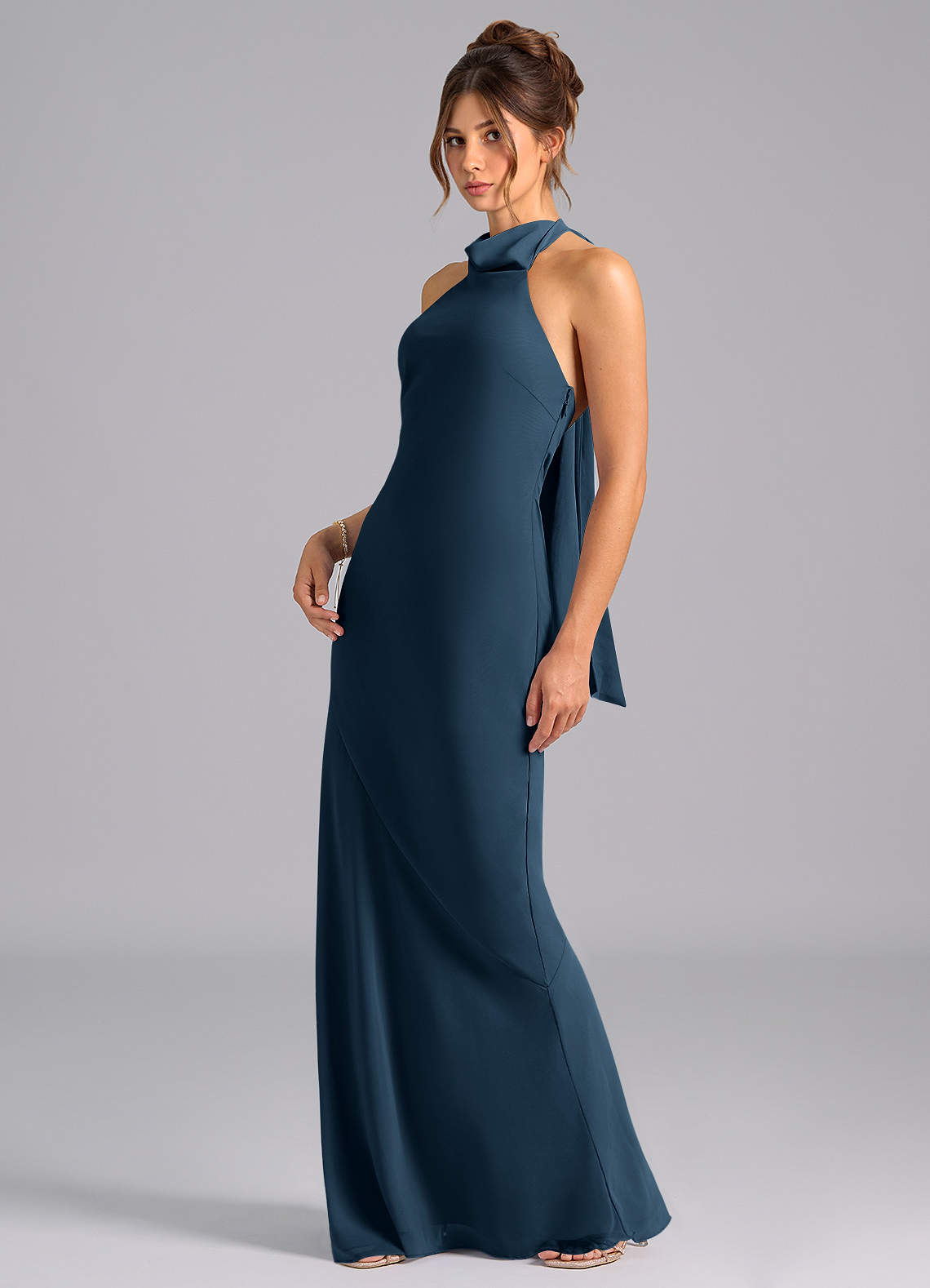 Velli Mermaid Halter Chiffon Bridesmaid Dress in Dark Navy