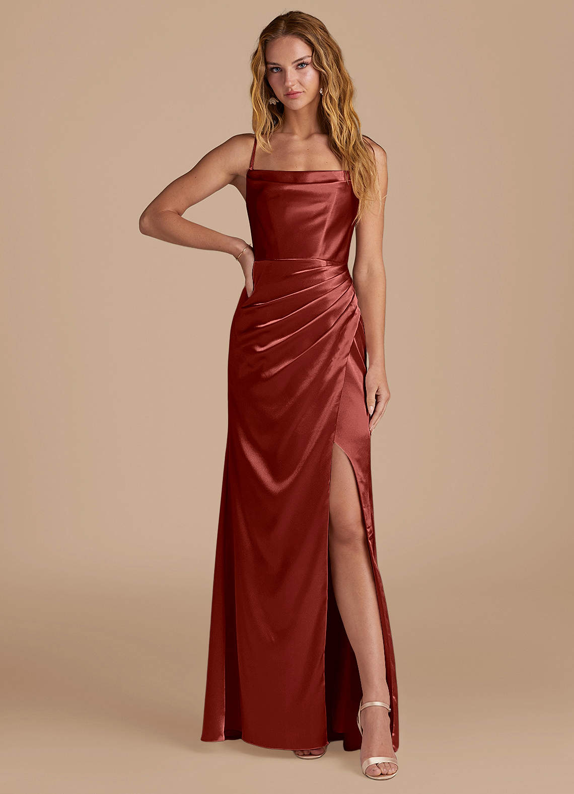 Marzia Mermaid Square-Neck Metallic Satin Bridesmaid Dress in Terracotta