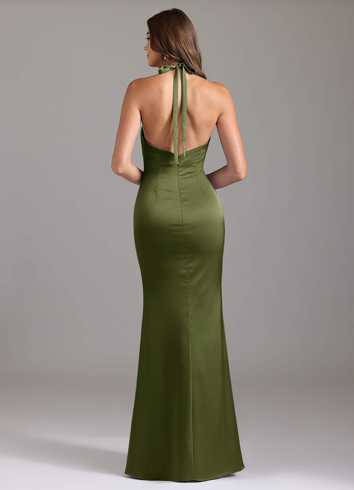 Valerie Mermaid V-Neck Stretch Satin Bridesmaid Dress in Olive