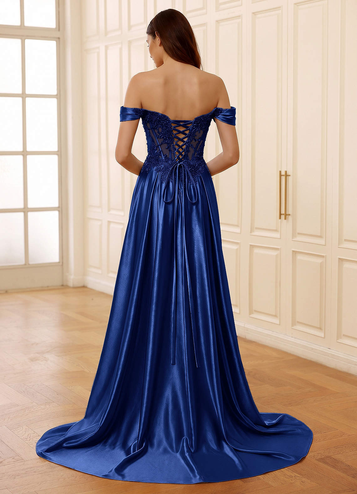 Rowane A-Line Off-the-Shoulder Satin Evening Dress in Royal Blue