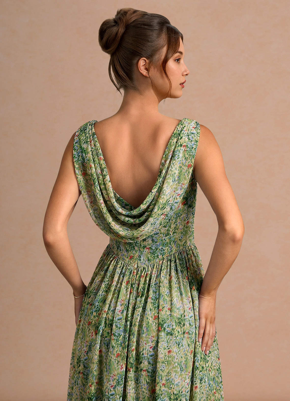 Aurore A-Line Cowl-Neck Chiffon Wedding Guest Dress in Green Floral
