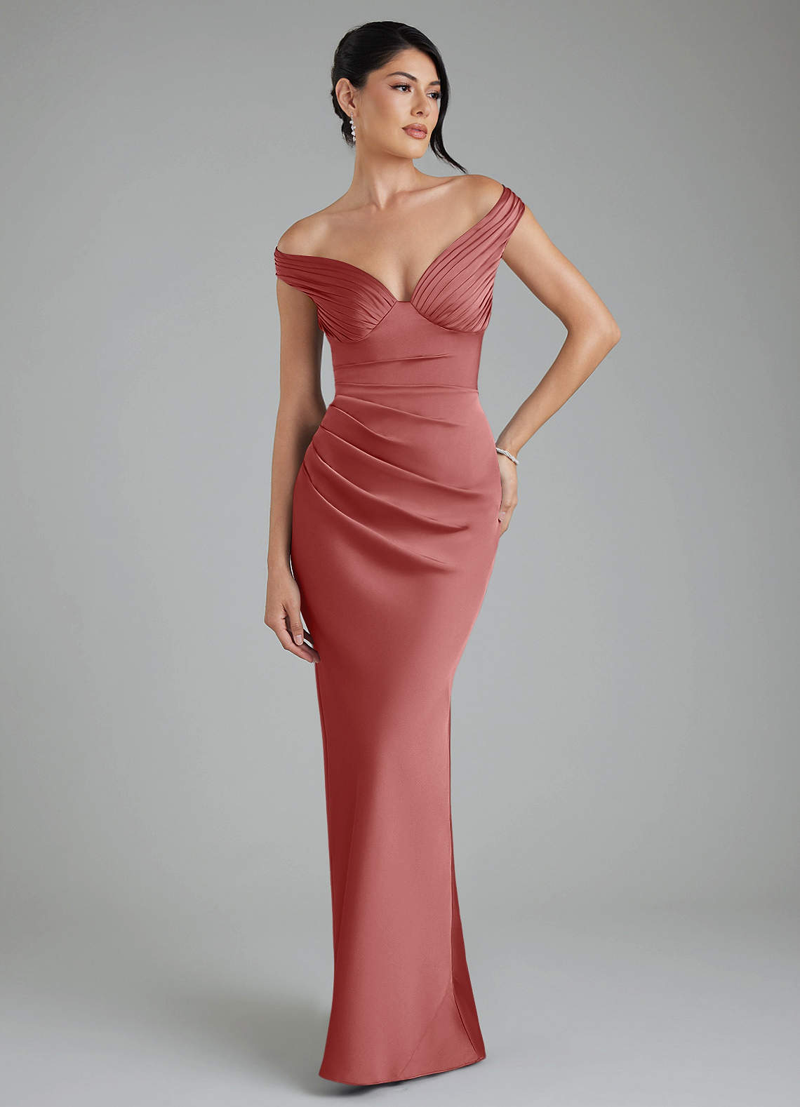 Stella Sheath V-Neck Stretch Satin Bridesmaid Dress in Antique Rose