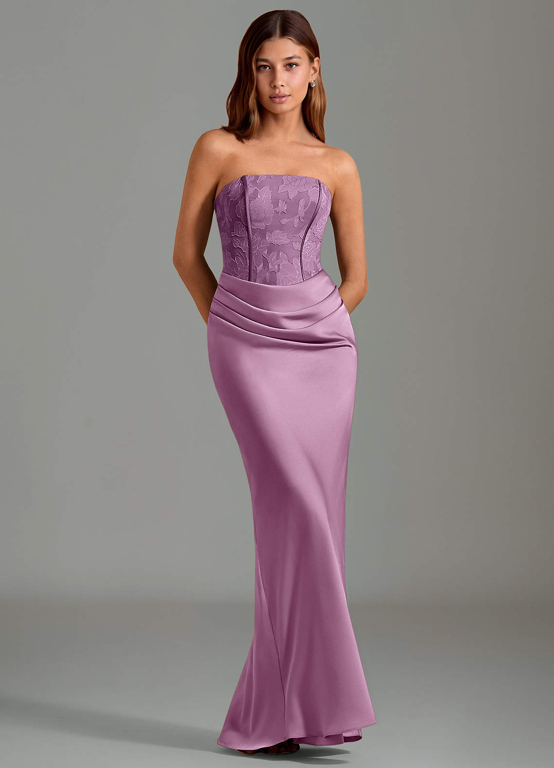 Emilia Mermaid Strapless Stretch Satin and Floral Burnout Bridesmaid Dress in Wisteria