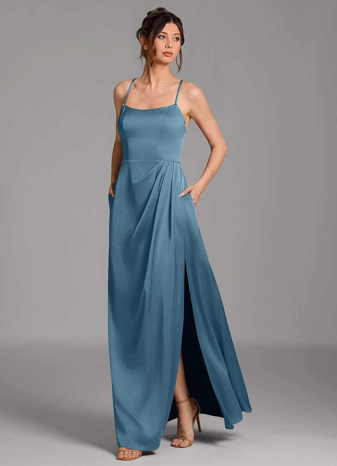 Frankie A-Line Scoop-Neck Stretch Satin Bridesmaid Dress in Bermuda