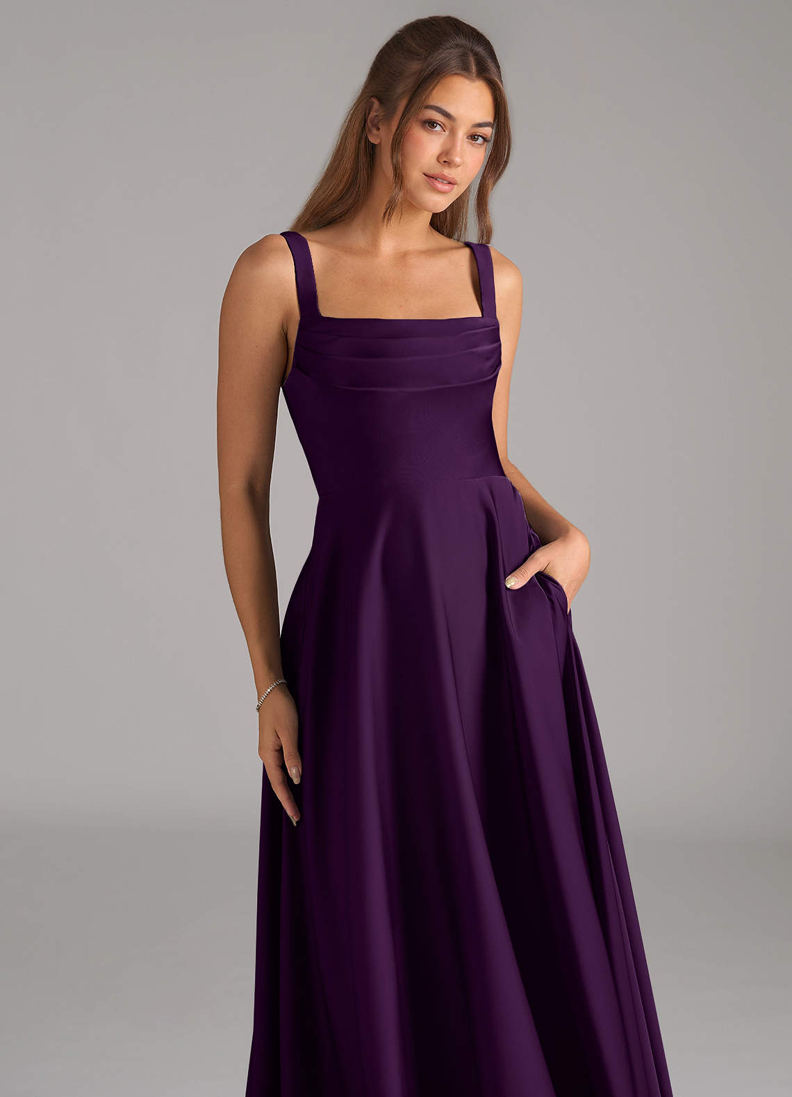 Shaude A-Line Square-Neck Stretch Satin Bridesmaid Dress in Grape