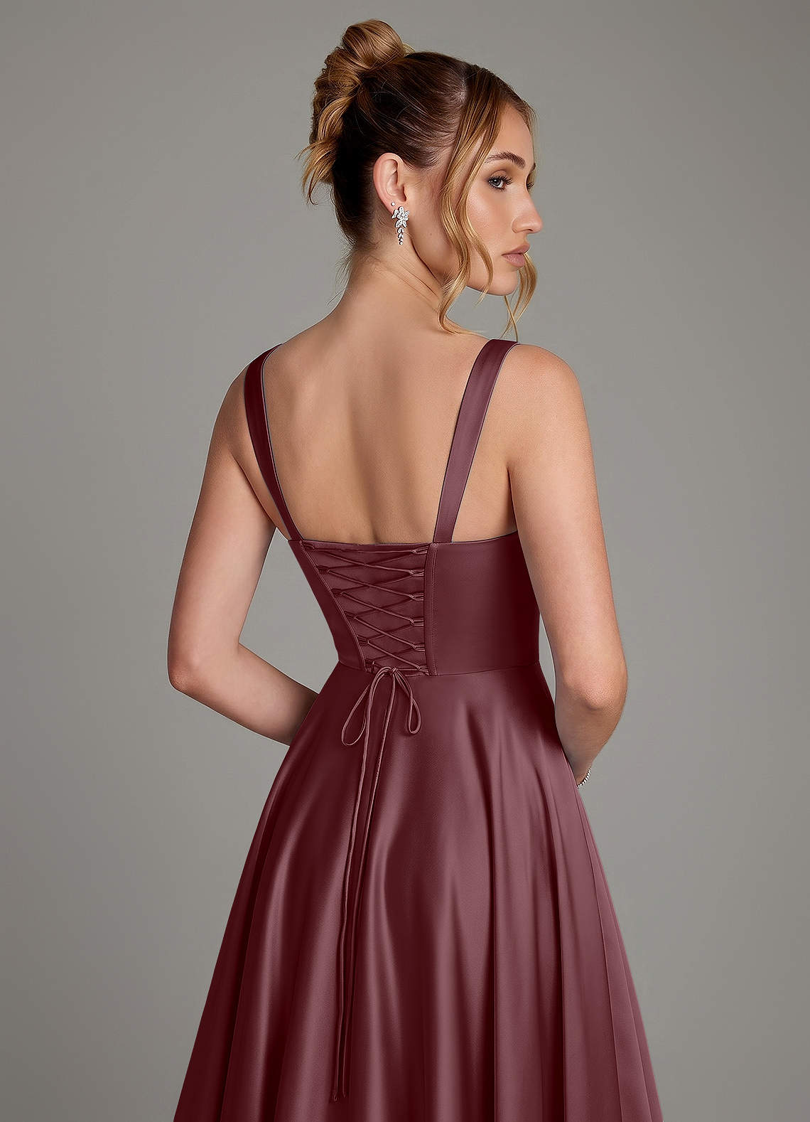 Azaria A-Line Square-Neck Stretch Satin Bridesmaid Dress in Sangria