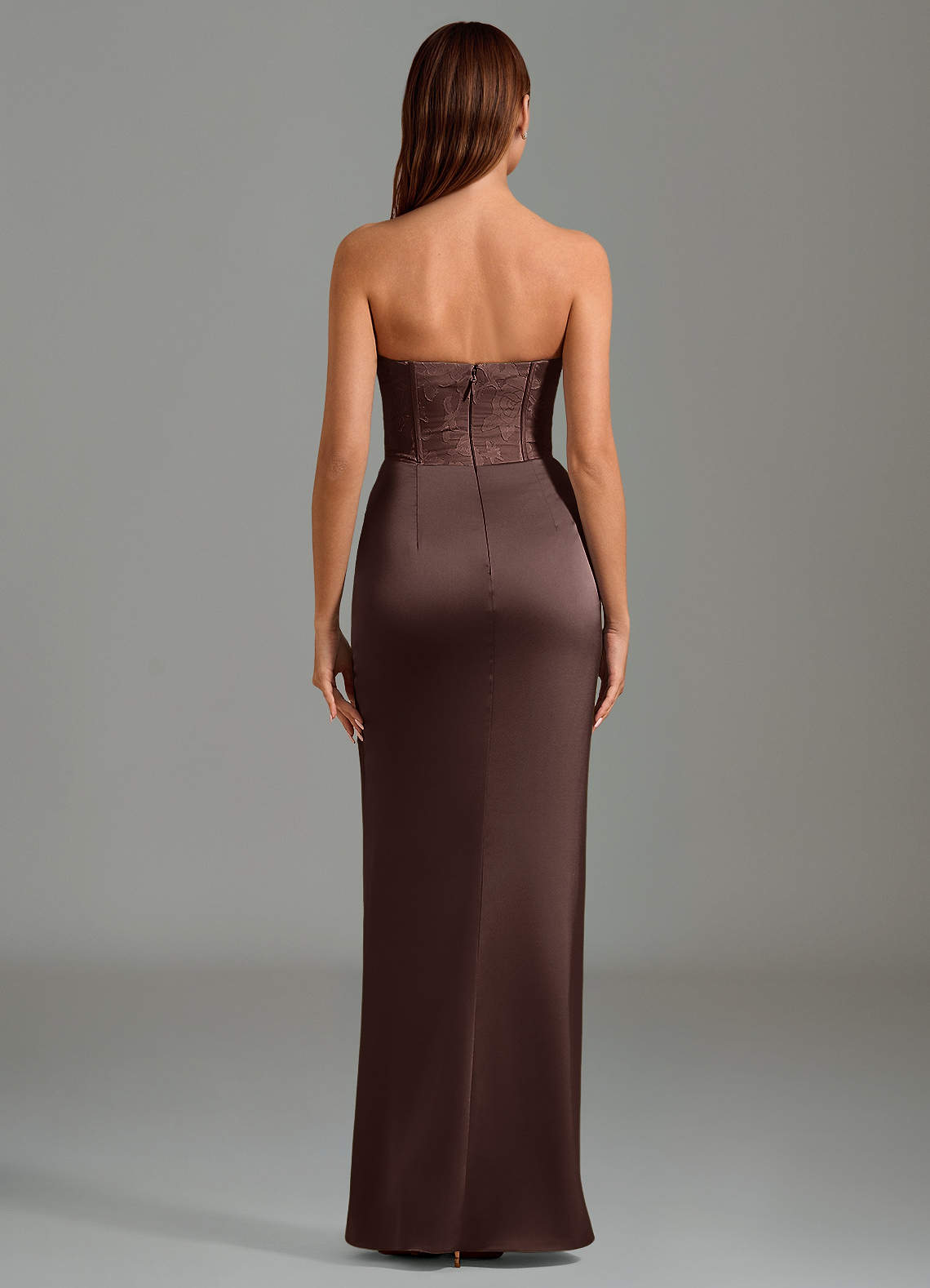 Emilia Mermaid Strapless Stretch Satin and Floral Burnout Bridesmaid Dress in Ganache