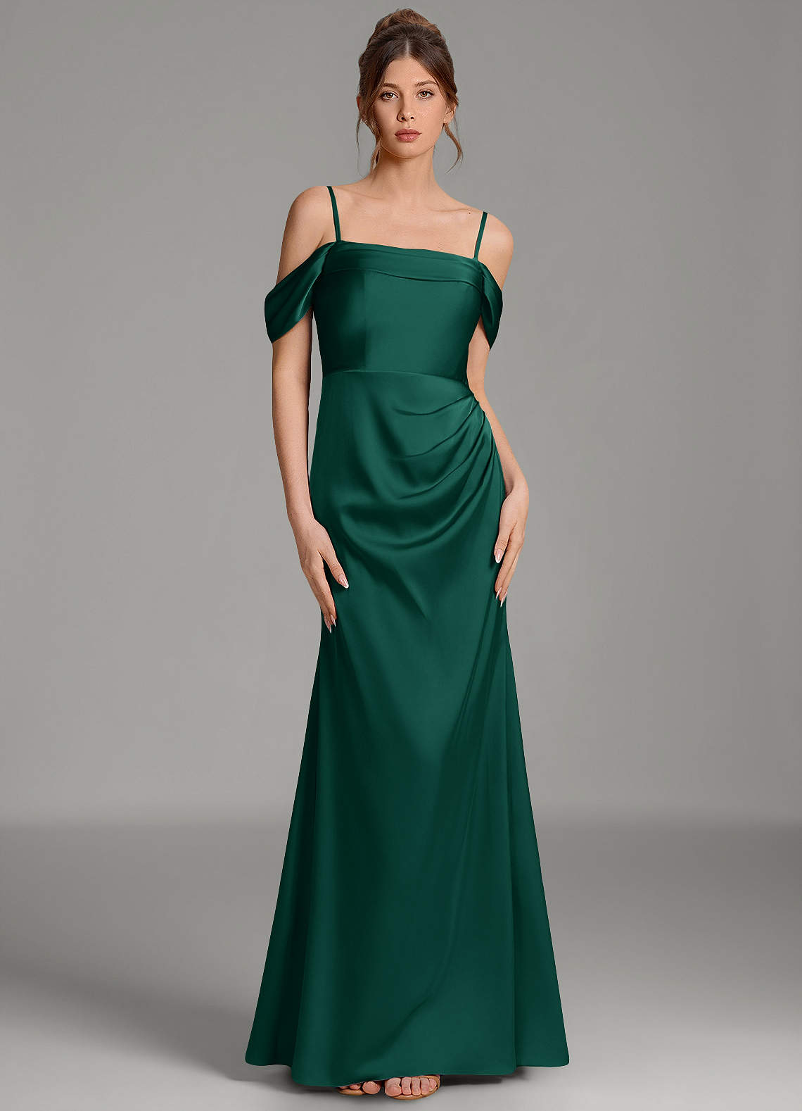 Wyatt Mermaid Off-the-Shoulder Stretch Satin Bridesmaid Dress in Emerald