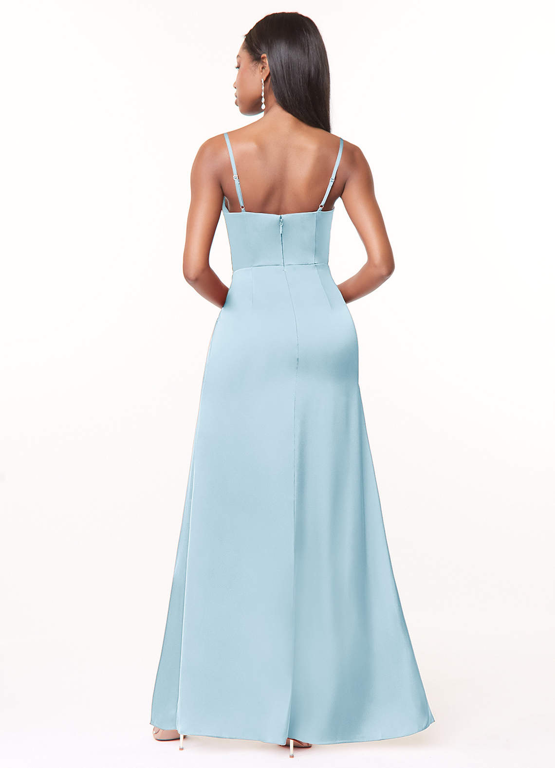 Maci A-Line V-Neck Stretch Satin Bridesmaid Dress in Sky Blue