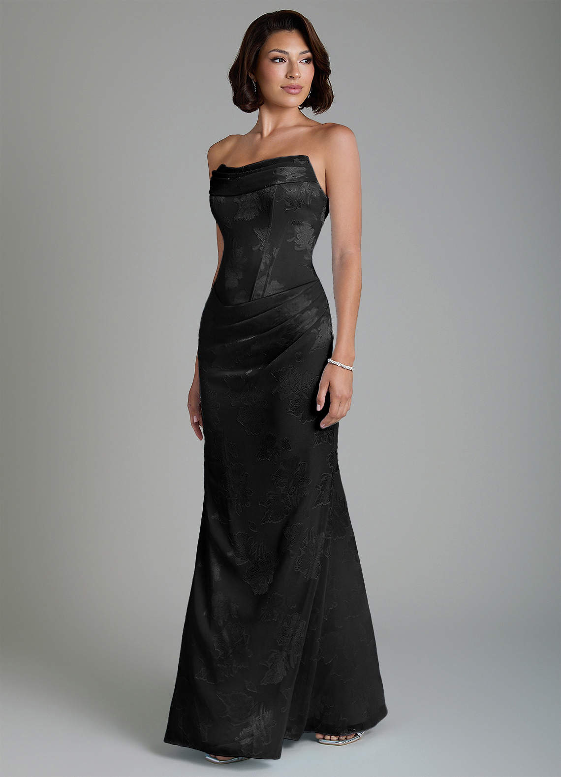 Ariah Mermaid Cowl-Neck Jacquard Bridesmaid Dress in Black