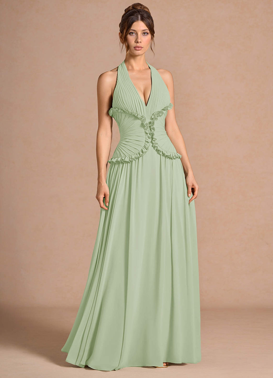 Amelie A-Line V-Neck Chiffon Evening Dress in Light Green