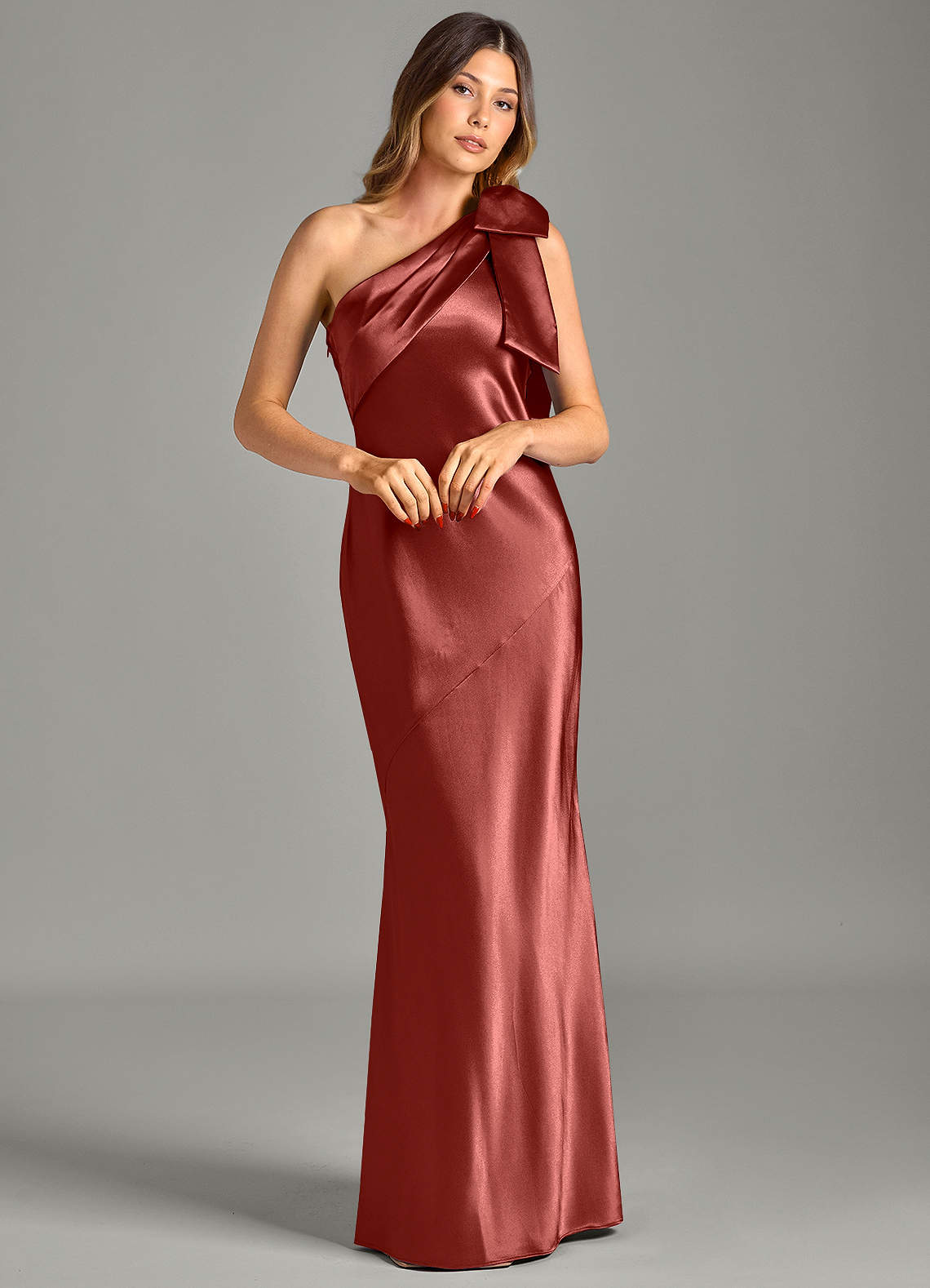 Yuanna Mermaid One-Shoulder Metallic Satin Bridesmaid Dress in Terracotta