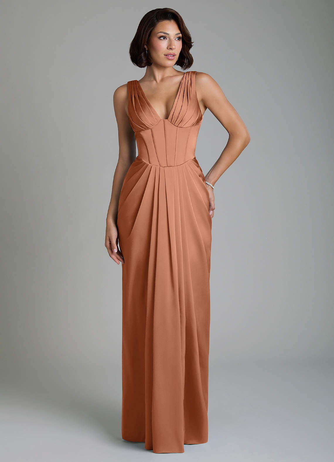 Vanya Sheath V-Neck Stretch Satin Bridesmaid Dress in Bronzer