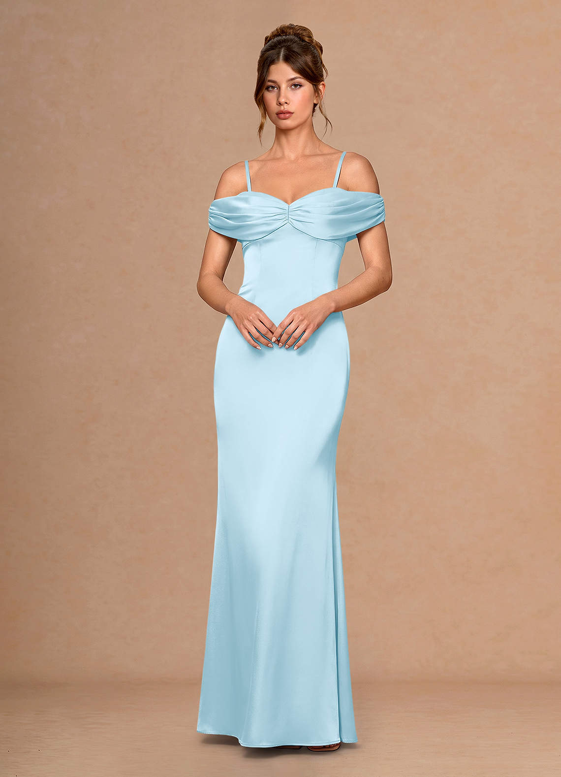 Estelle A-Line Cold-Shoulder Satin Chiffon Evening Dress in Light Blue