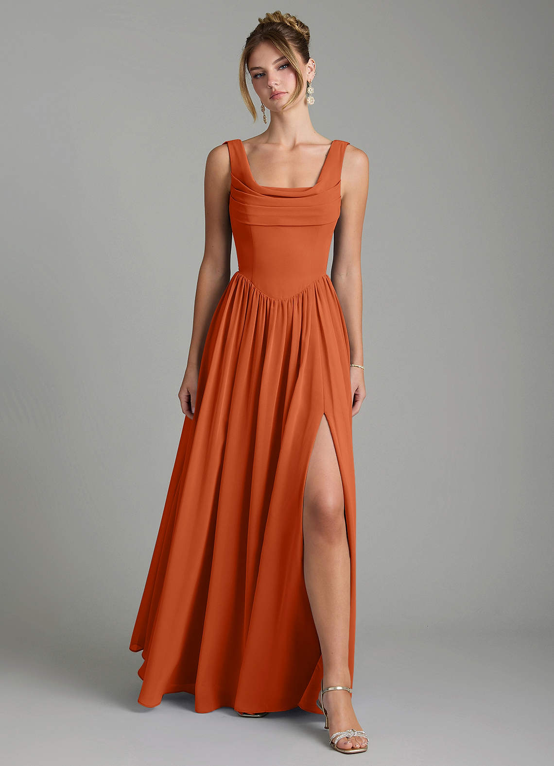 Novi A-Line Square-Neck Chiffon Bridesmaid Dress in Burnt Orange