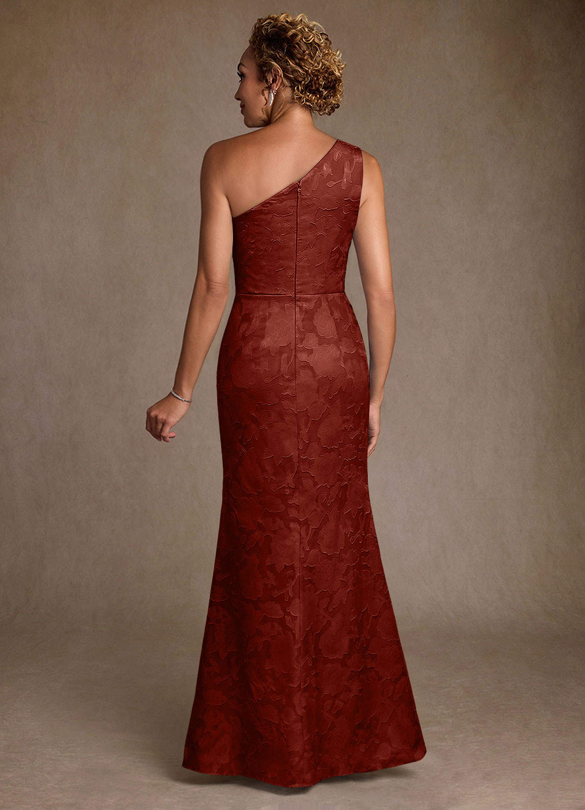 Joylin Trumpet One-Shoulder Floral Burnout Mother of the Bride Dress in Terracotta