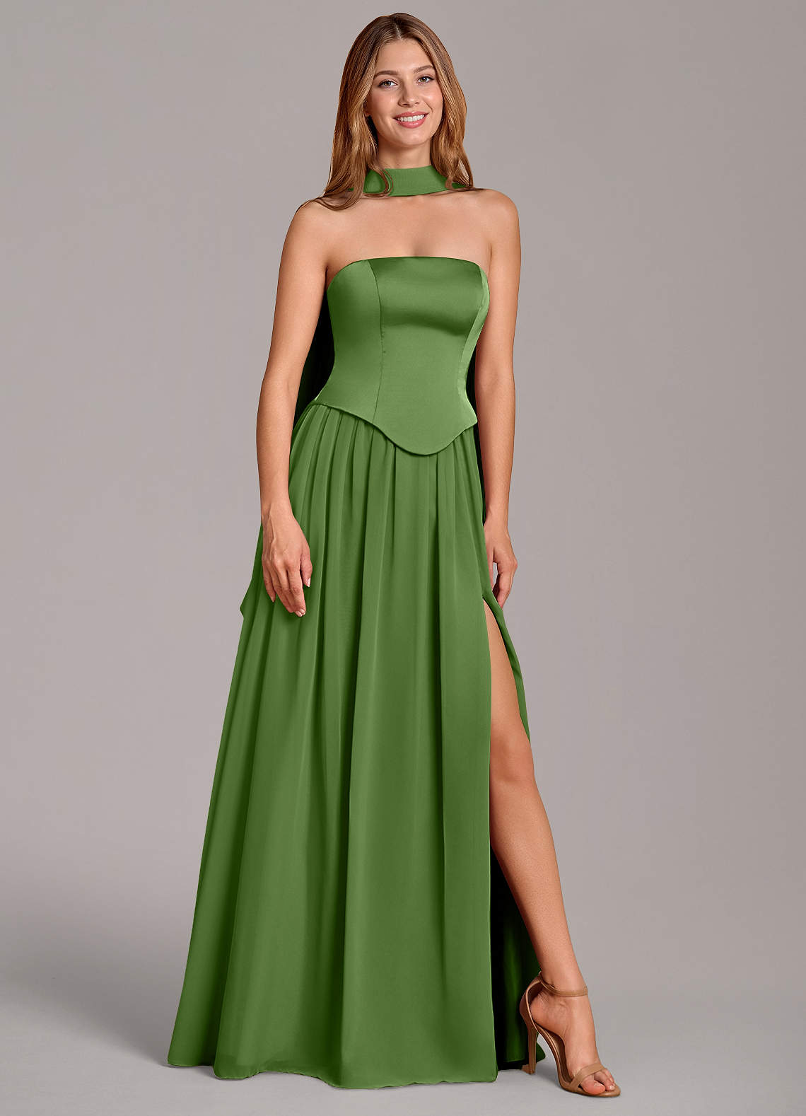 Cadence A-Line Strapless Chiffon and Stretch Satin Bridesmaid Dress in Basil