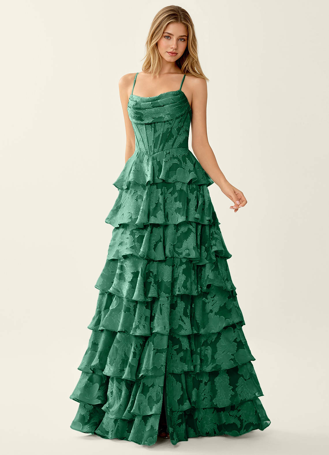 Wrenana A-Line Cowl-Neck Floral Burnout Evening Dress in Dark Green