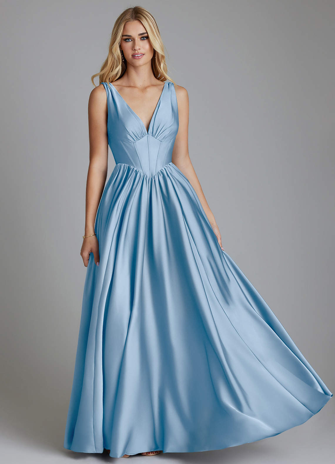 Delmie A-Line V-Neck Stretch Satin Bridesmaid Dress in Powder Blue