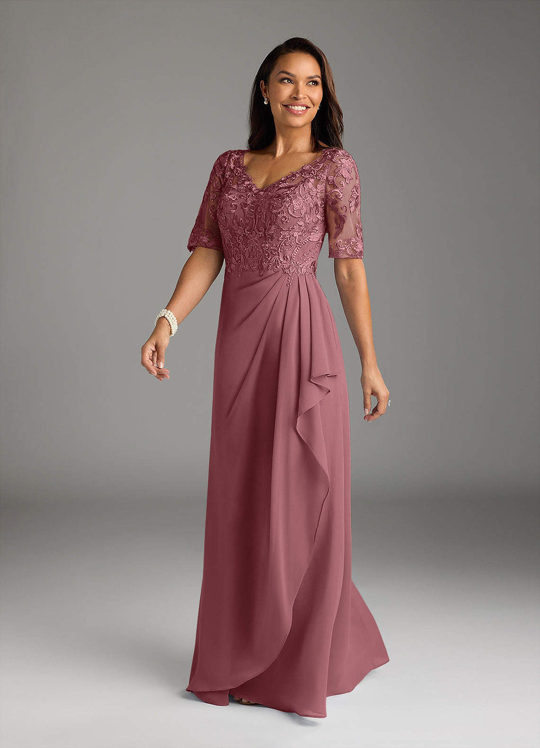 Amedeus A-Line V-Neck Chiffon and Lace Mother of the Bride Dress in Desert Rose