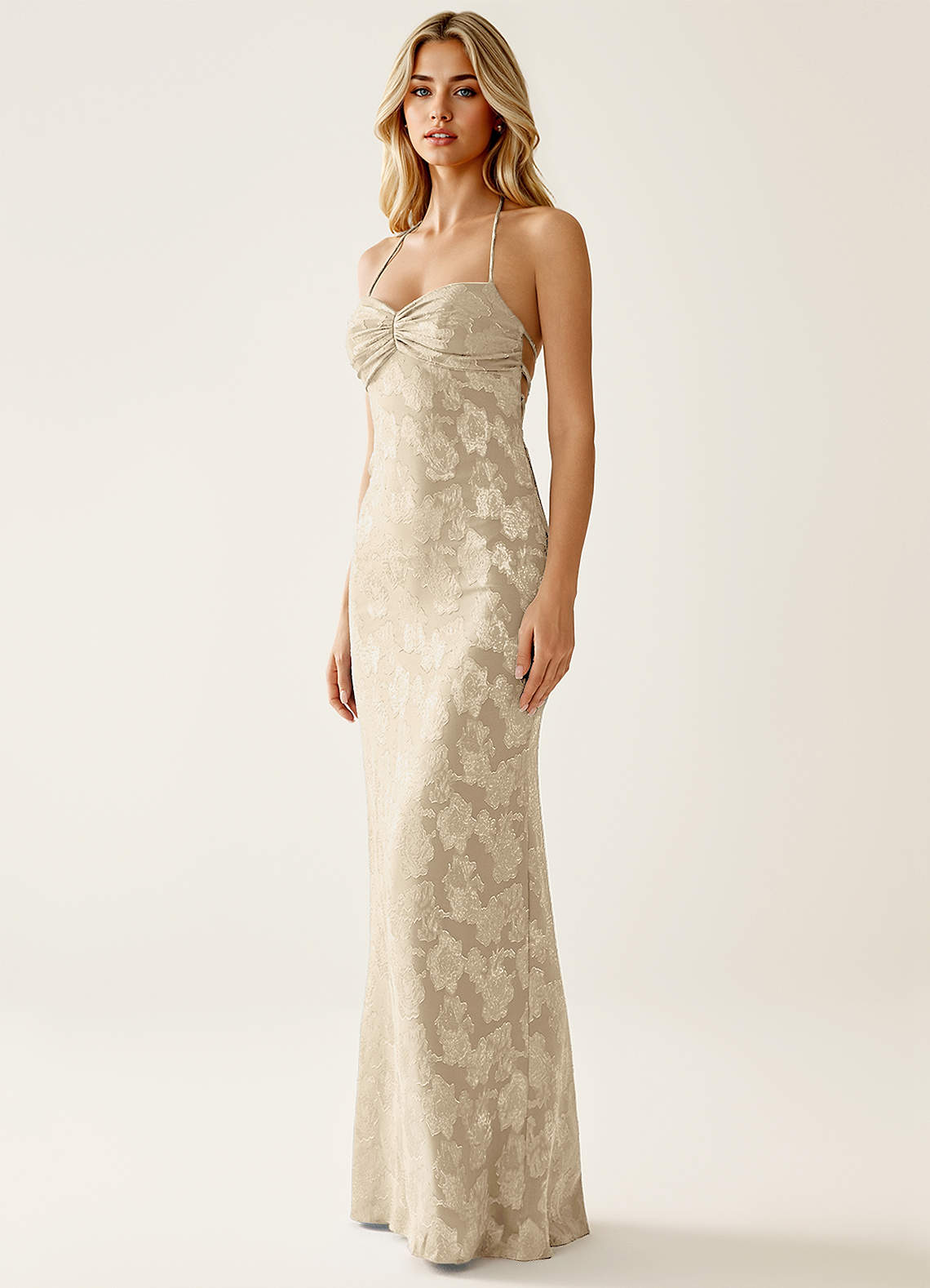 Angena Sheath Halter Floral Burnout Evening Dress in Cream