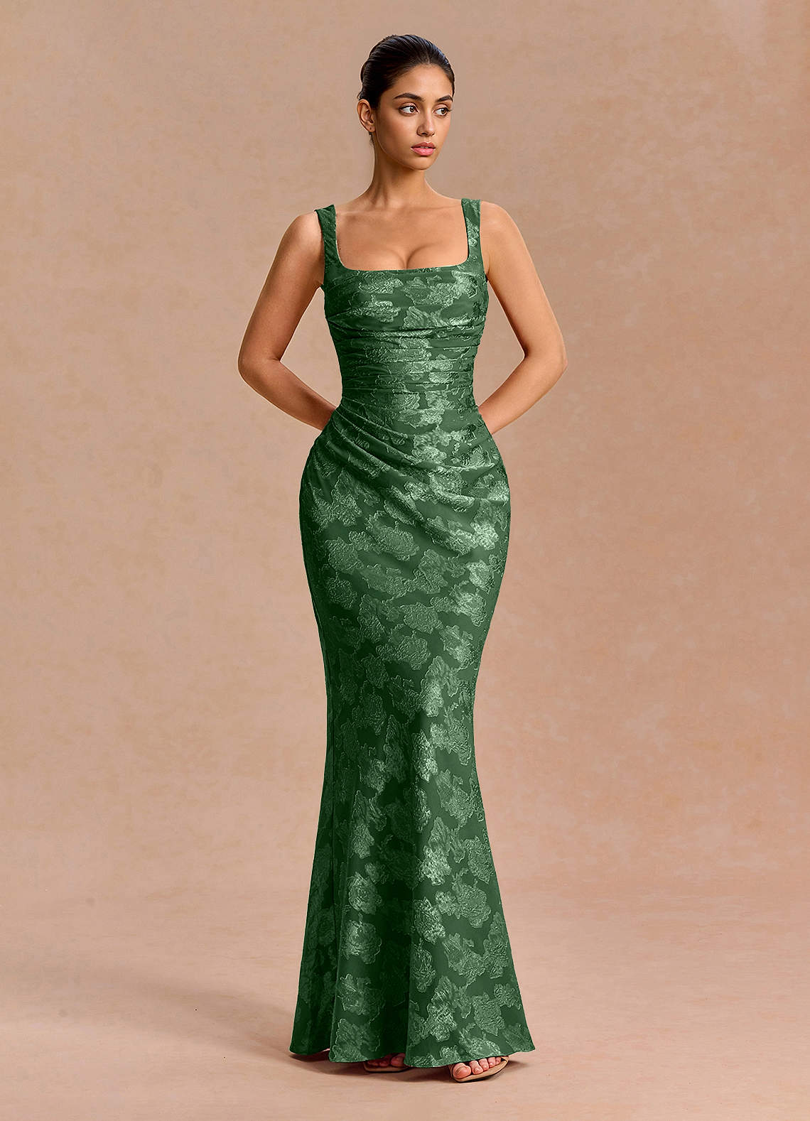 Agustina Square-Neck Pleated Fil Coupé Evening Dress in Lemon Sorbet