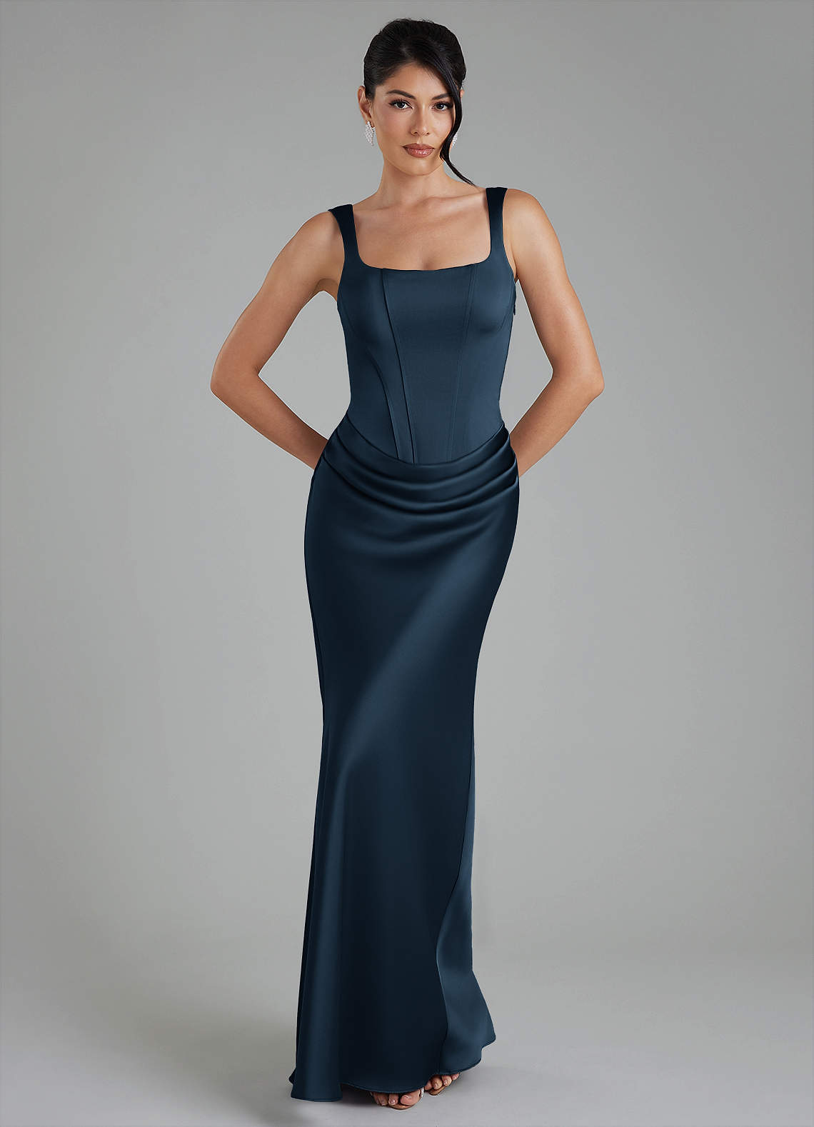 Etta Mermaid Square-Neck Stretch Satin Bridesmaid Dress in Dark Navy