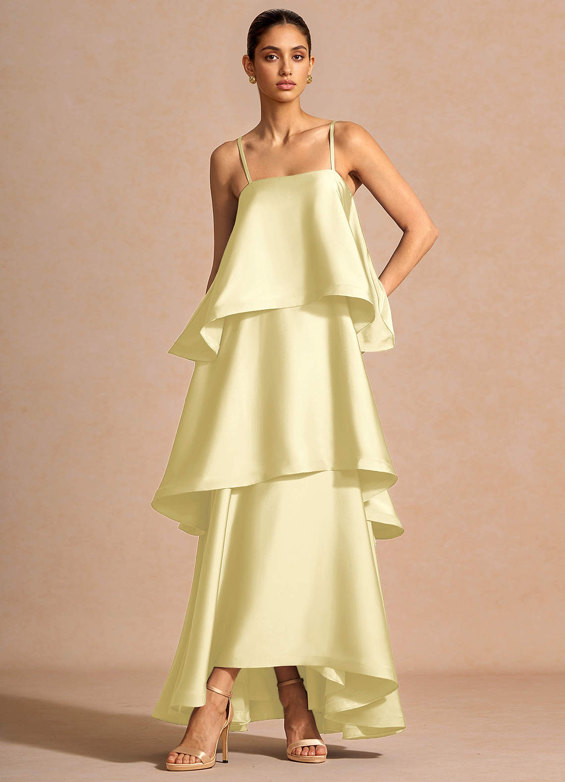 Itasca A-Line Tiered Stretch Satin Wedding Guest Dress in Butter Yellow