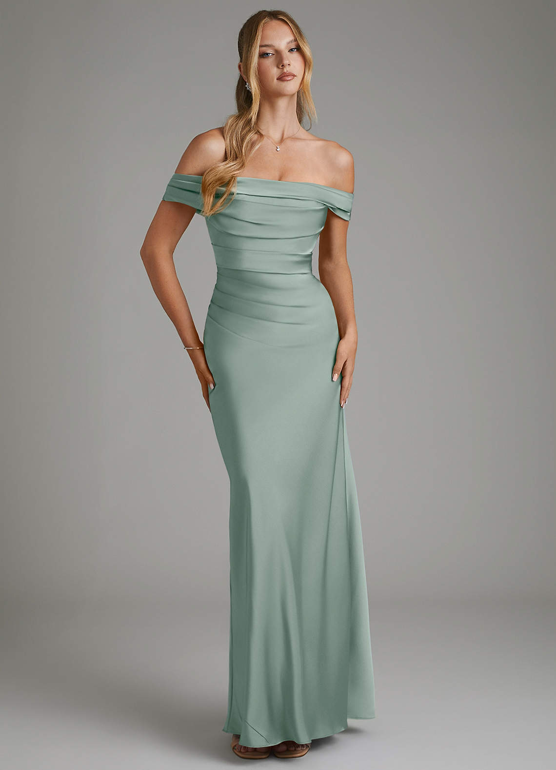 Hayden Mermaid Off-the-Shoulder Stretch Satin Bridesmaid Dress in Silver Sage