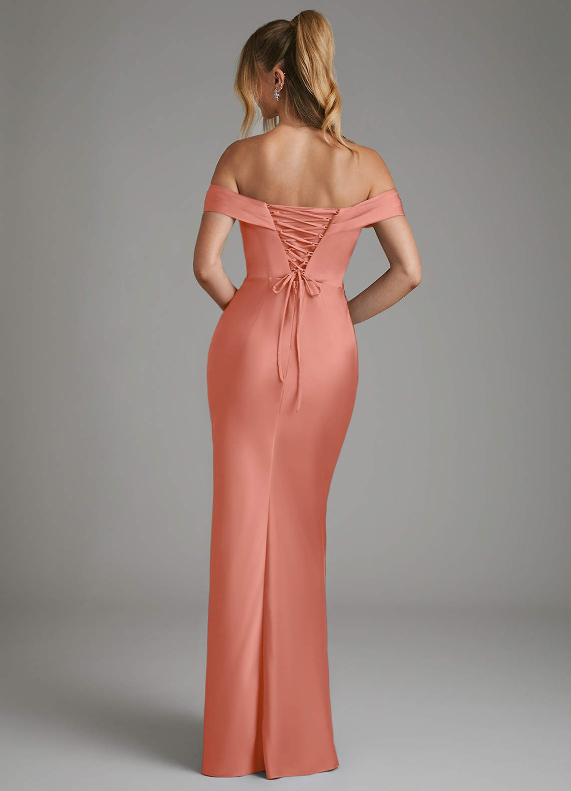 Hayden Mermaid Off-the-Shoulder Stretch Satin Bridesmaid Dress in Salmon Pink