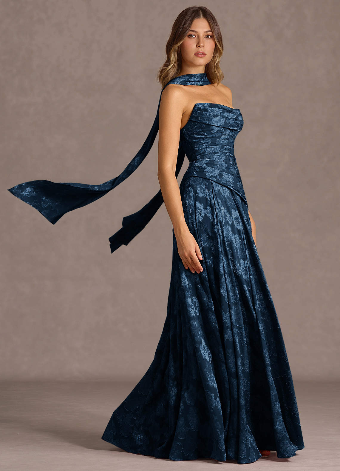 Gabriela A-Line Corset Fil Coupé Wedding Guest Dress in Navy