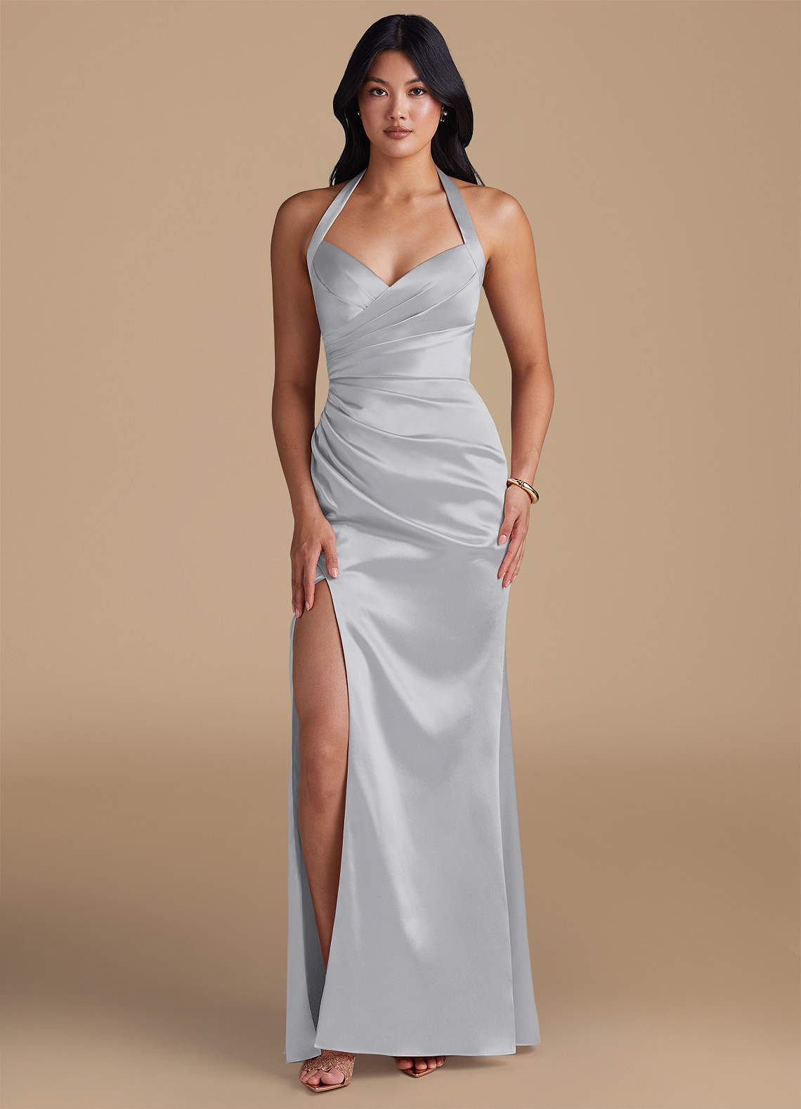Emeria Sheath Halter Metallic Satin Bridesmaid Dress in Silver