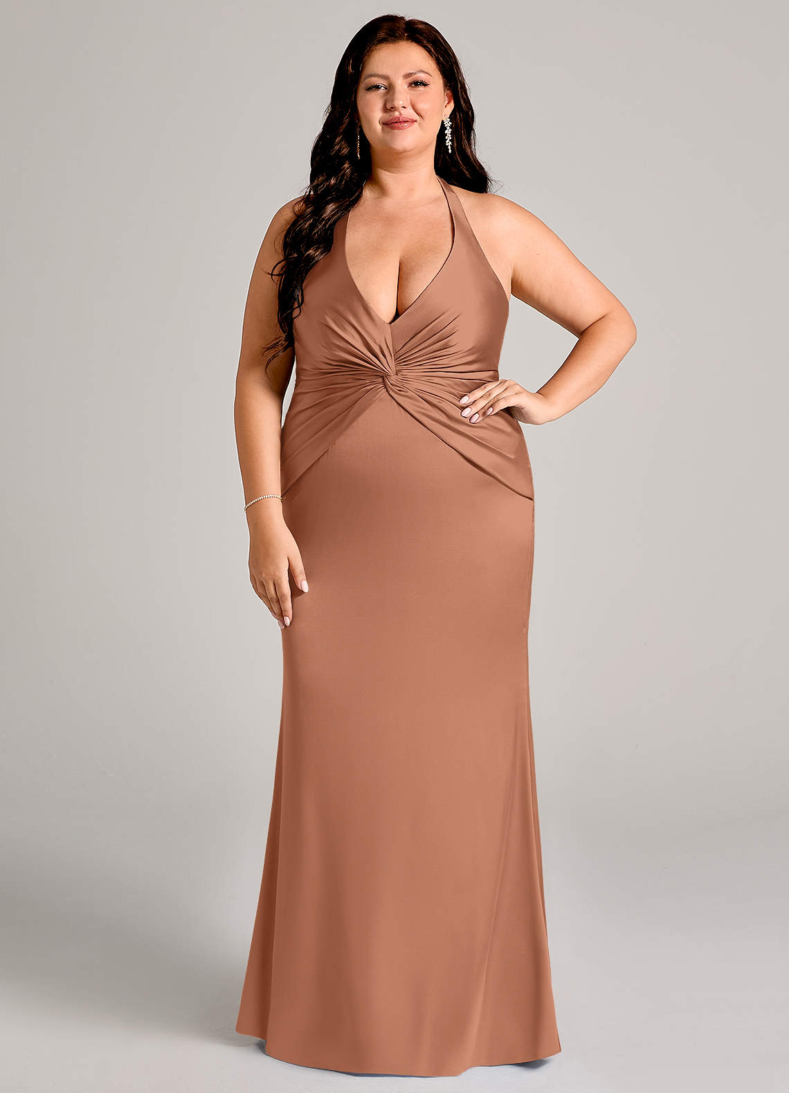 Valerie Mermaid V-Neck Stretch Satin Bridesmaid Dress in Bronzer