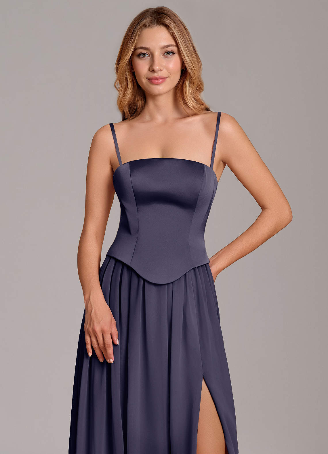 Cadence A-Line Strapless Chiffon and Stretch Satin Bridesmaid Dress in Stormy