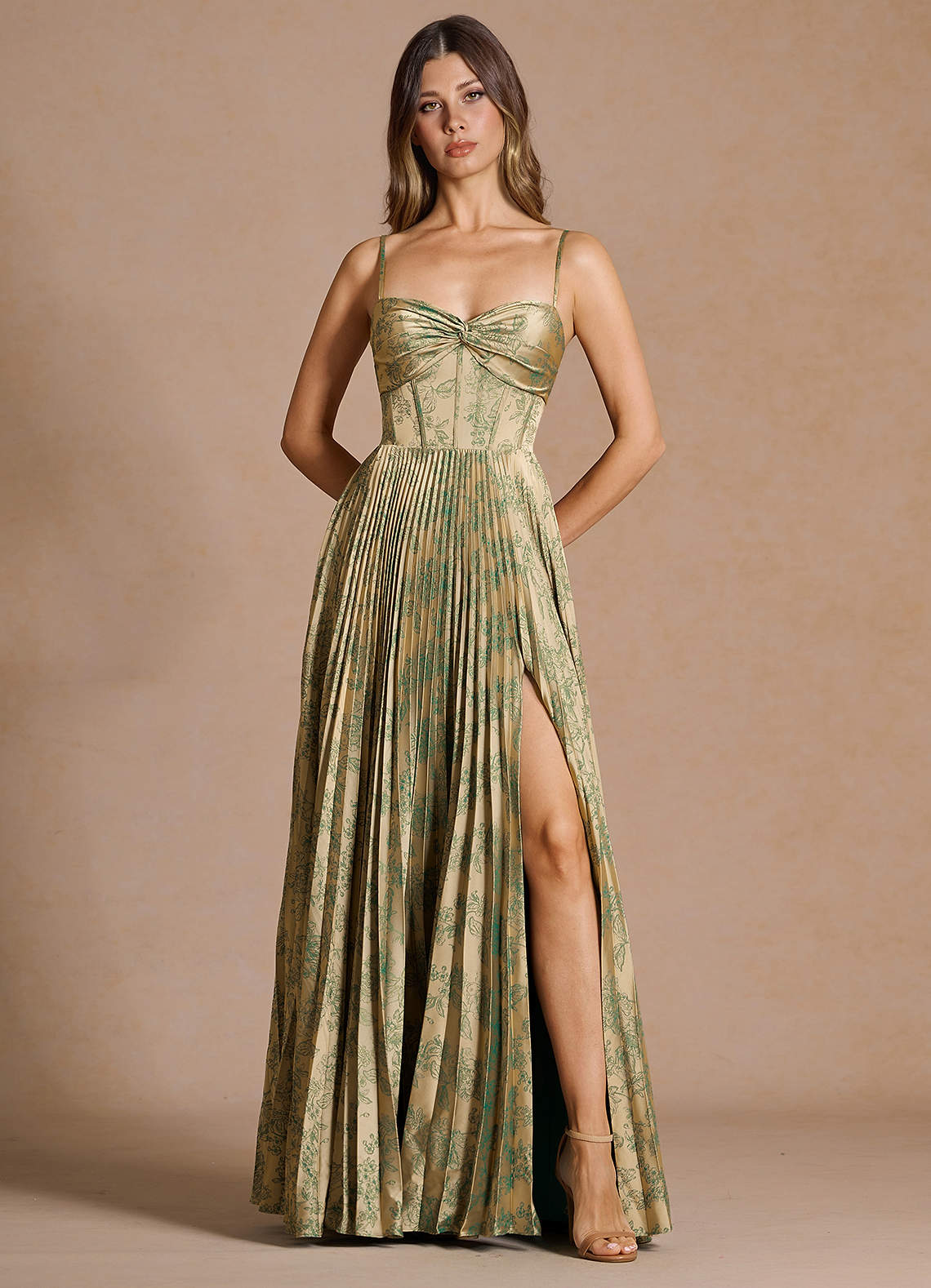 Vesper Pleated Knot-Neck Jacquard Wedding Guest Dress in Green Brown