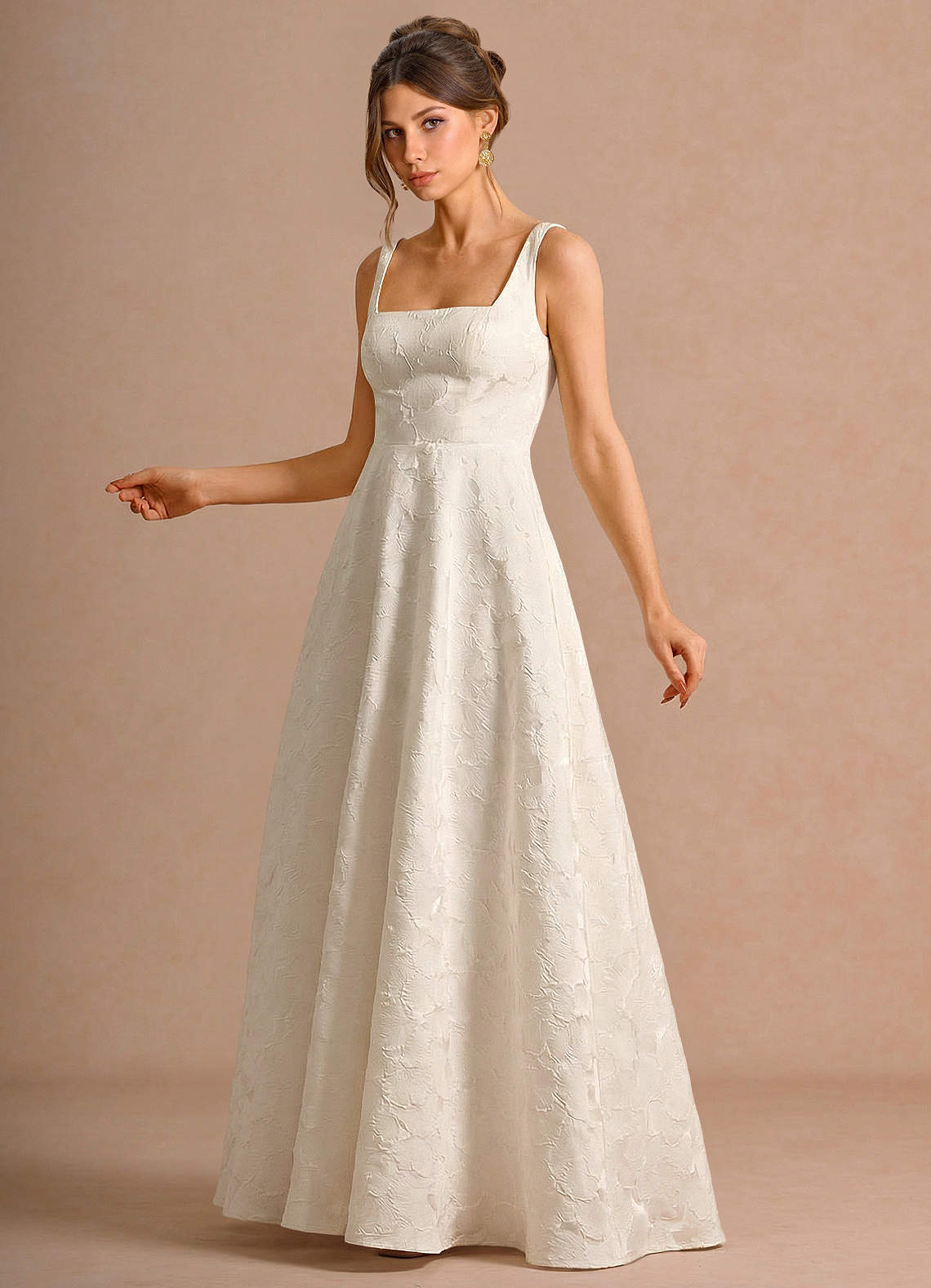 Effie A-Line Square-Neck Jacquard Evening Dress in French White
