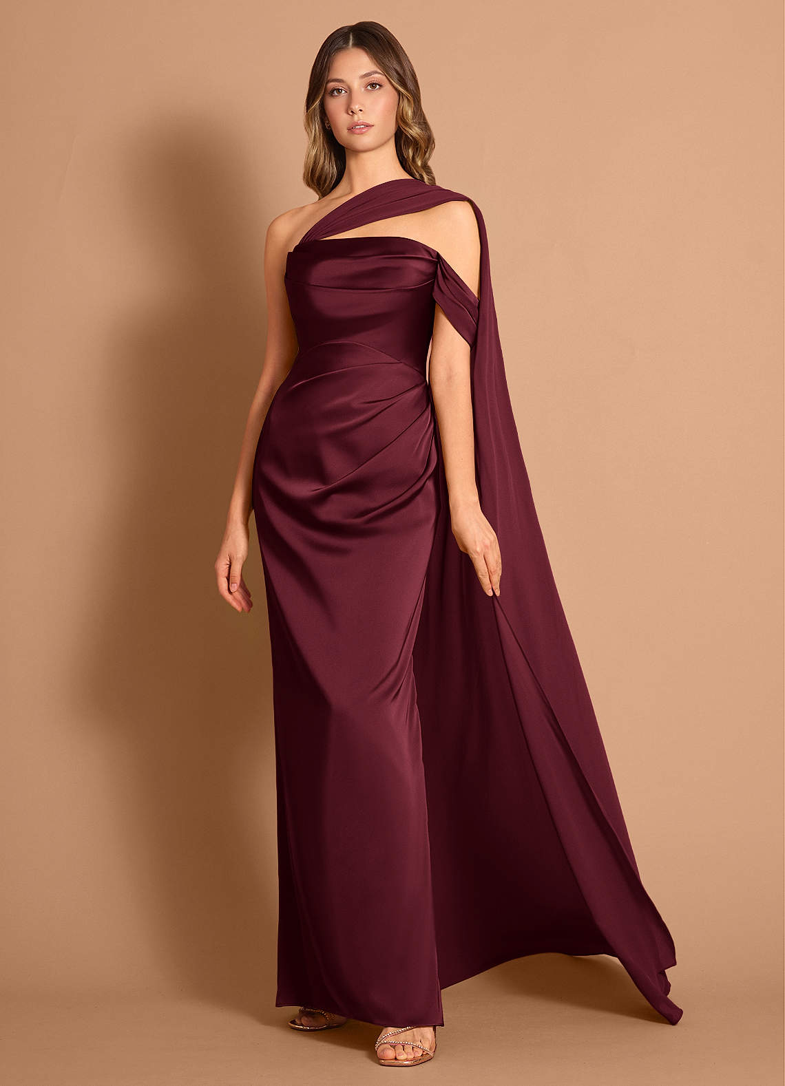 Meliora Asymmetric Strapless Chiffon-Drape Stretch Satin Evening Dress in Haze Pink