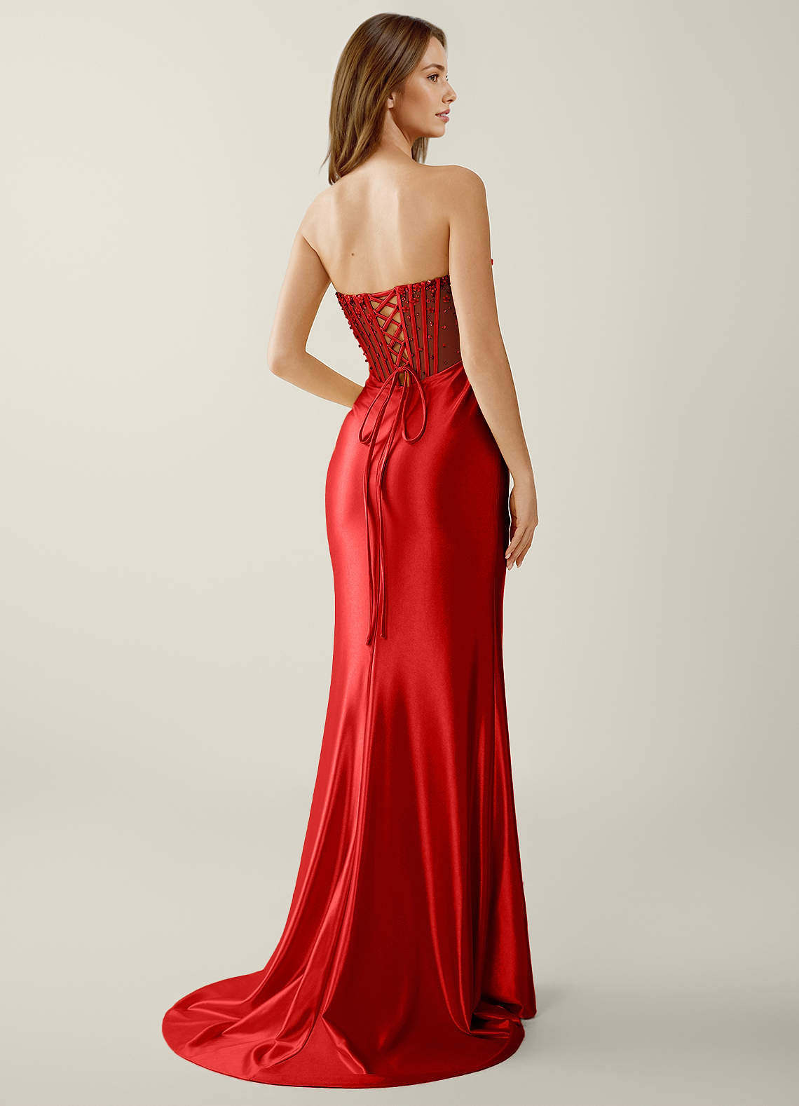 Willa Mermaid Strapless Sequined Satin Evening Dress in Red