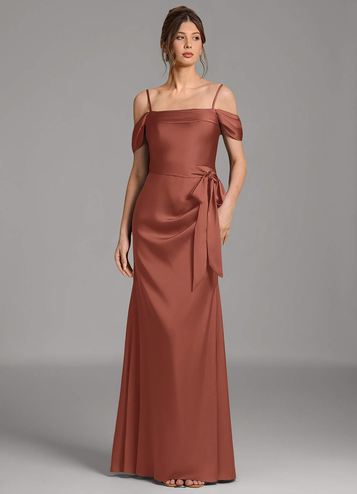Wyatt Mermaid Off-the-Shoulder Stretch Satin Bridesmaid Dress in Auburn