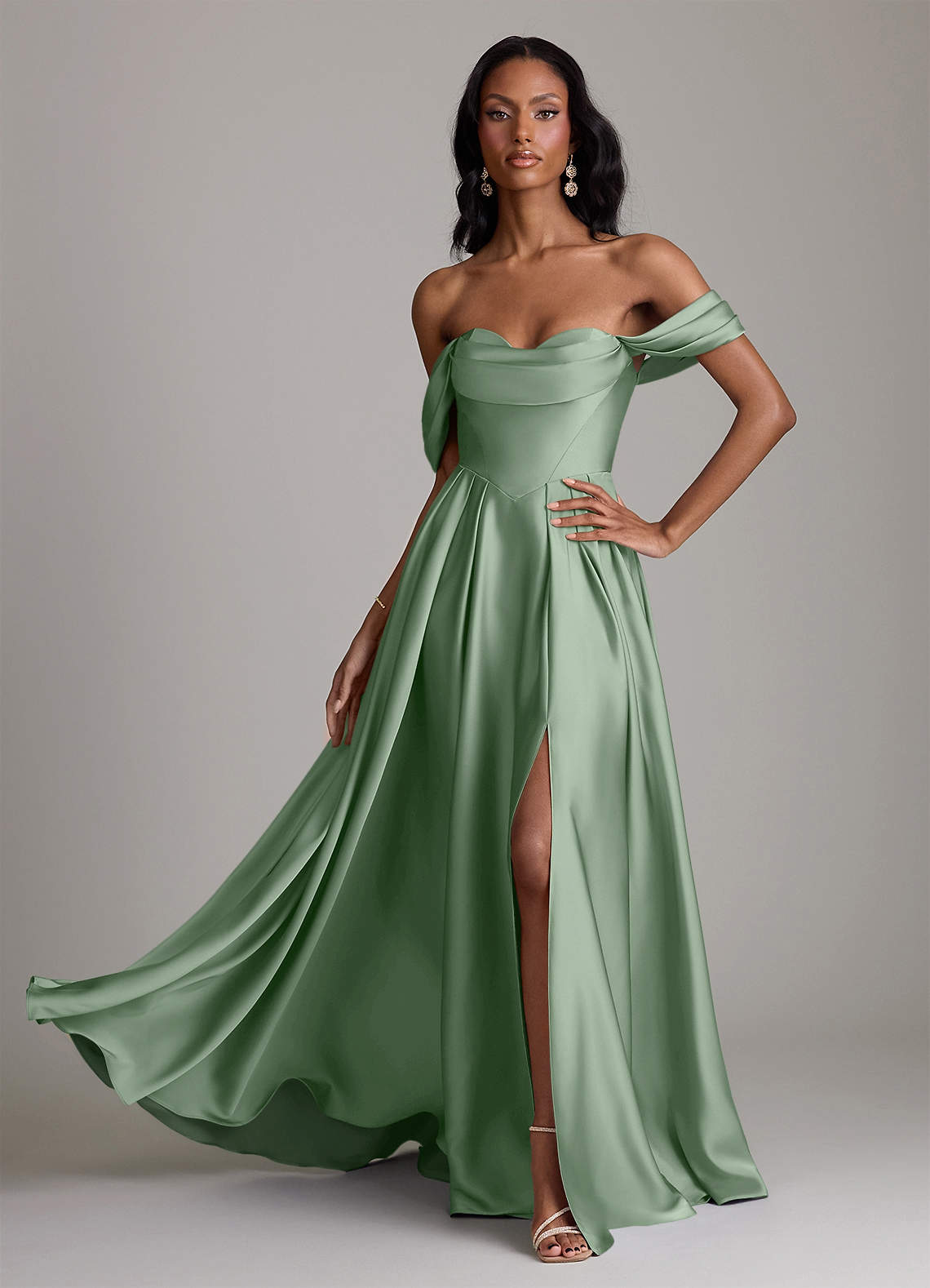 Loisa A-Line Off-the-Shoulder Stretch Satin Bridesmaid Dress in Matcha