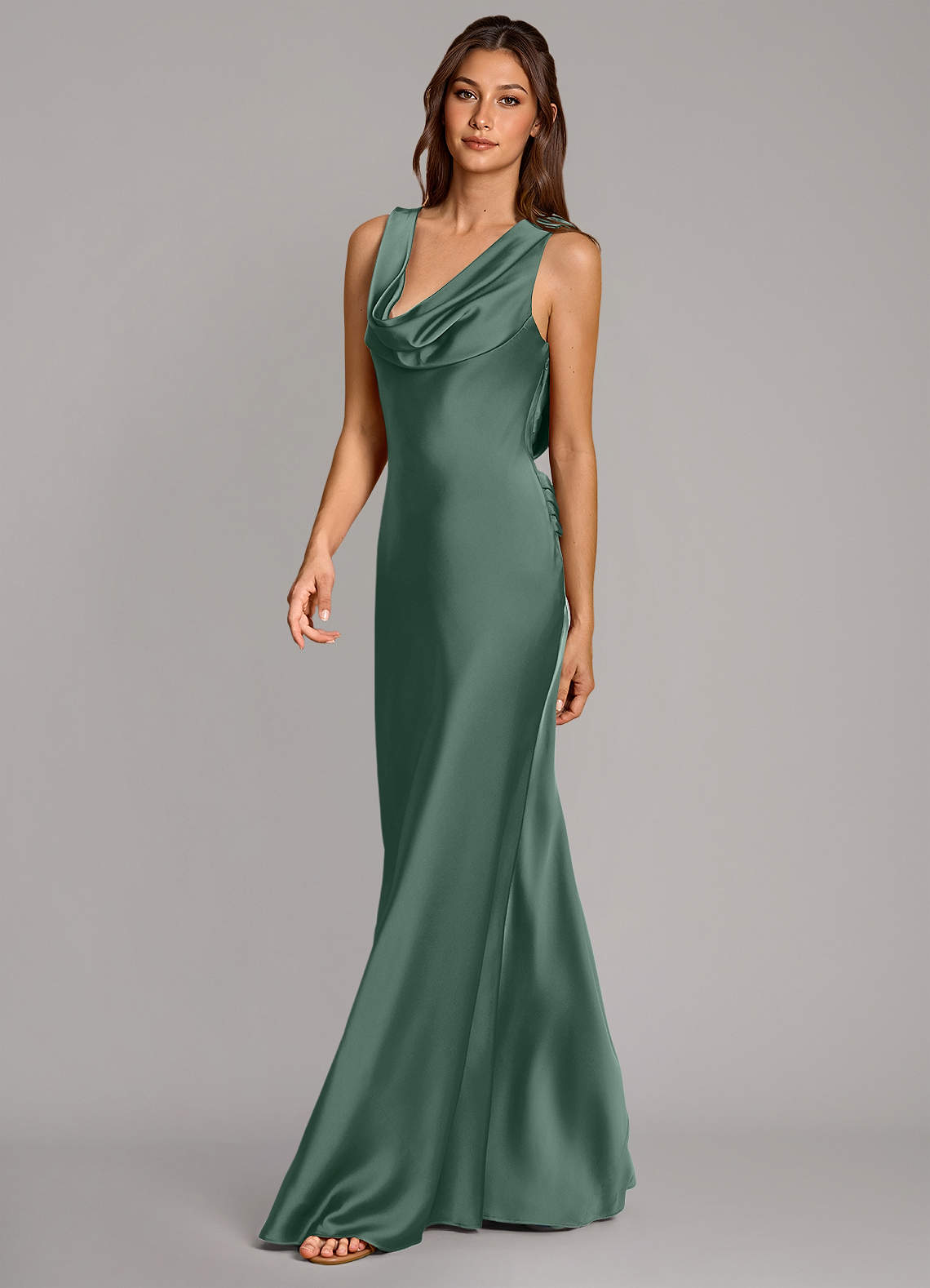 Cheryl Mermaid Cowl-Neck Stretch Satin Bridesmaid Dress in Eucalyptus
