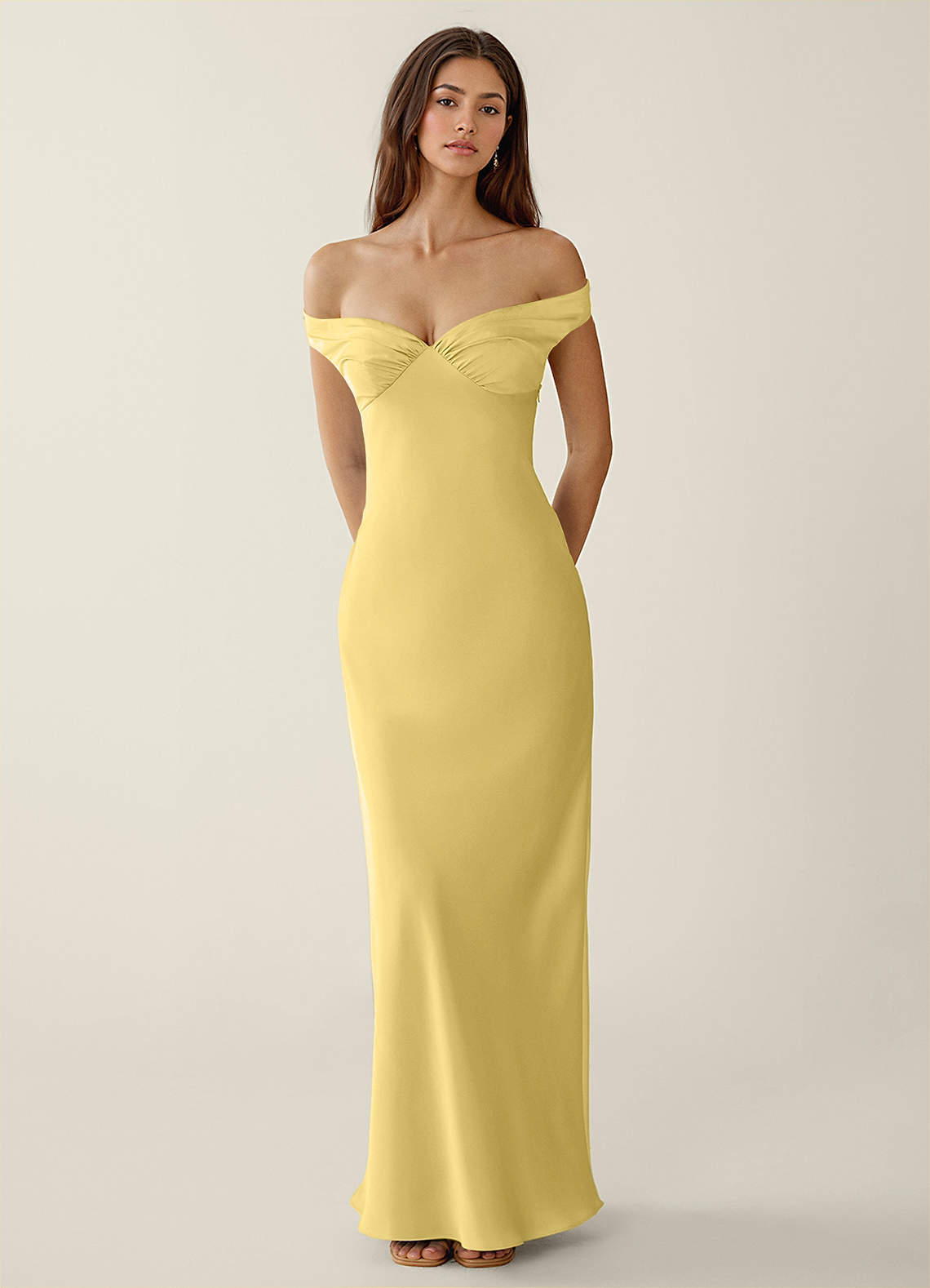 Gwendonme Sheath Off-the-Shoulder Satin Crystal Linen Evening Dress in Pastel Yellow