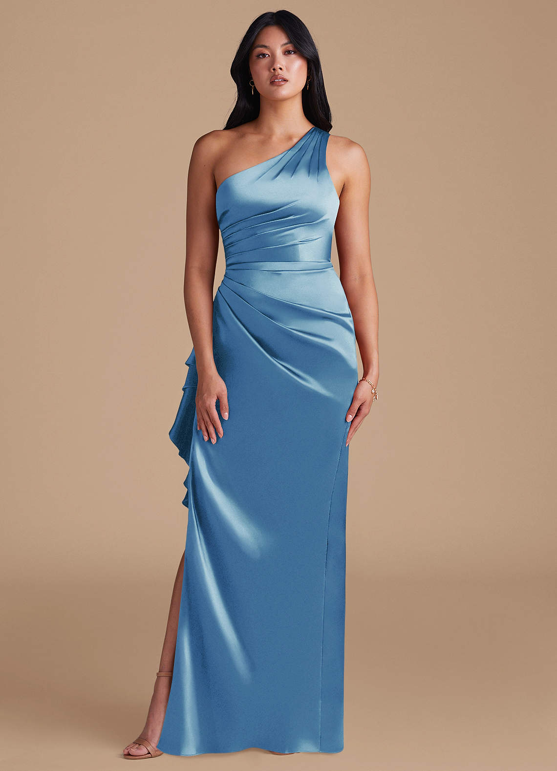 Latrice Sheath One-Shoulder Metallic Satin Bridesmaid Dress in Steel Blue