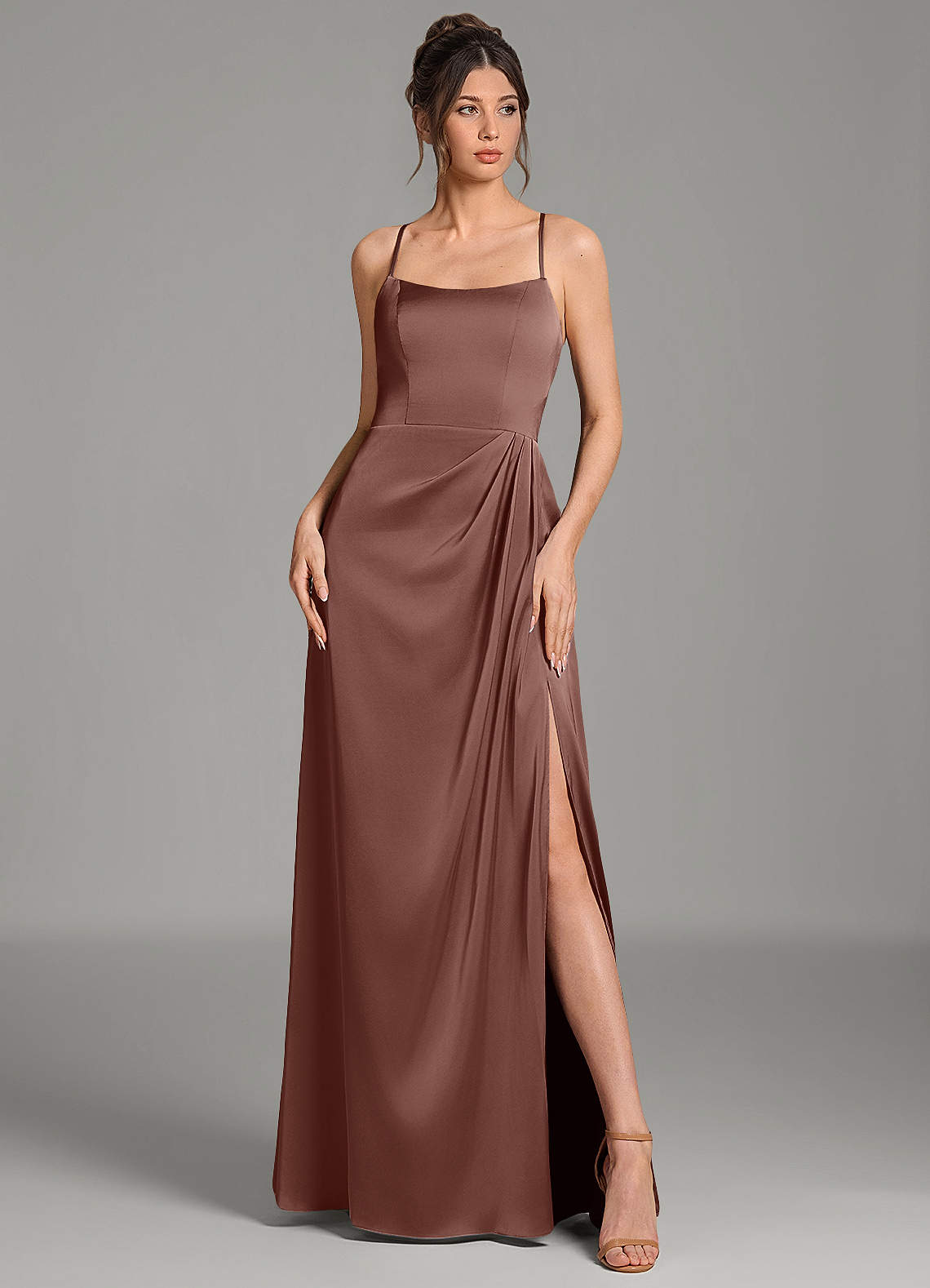 Frankie A-Line Scoop-Neck Stretch Satin Bridesmaid Dress in Espresso