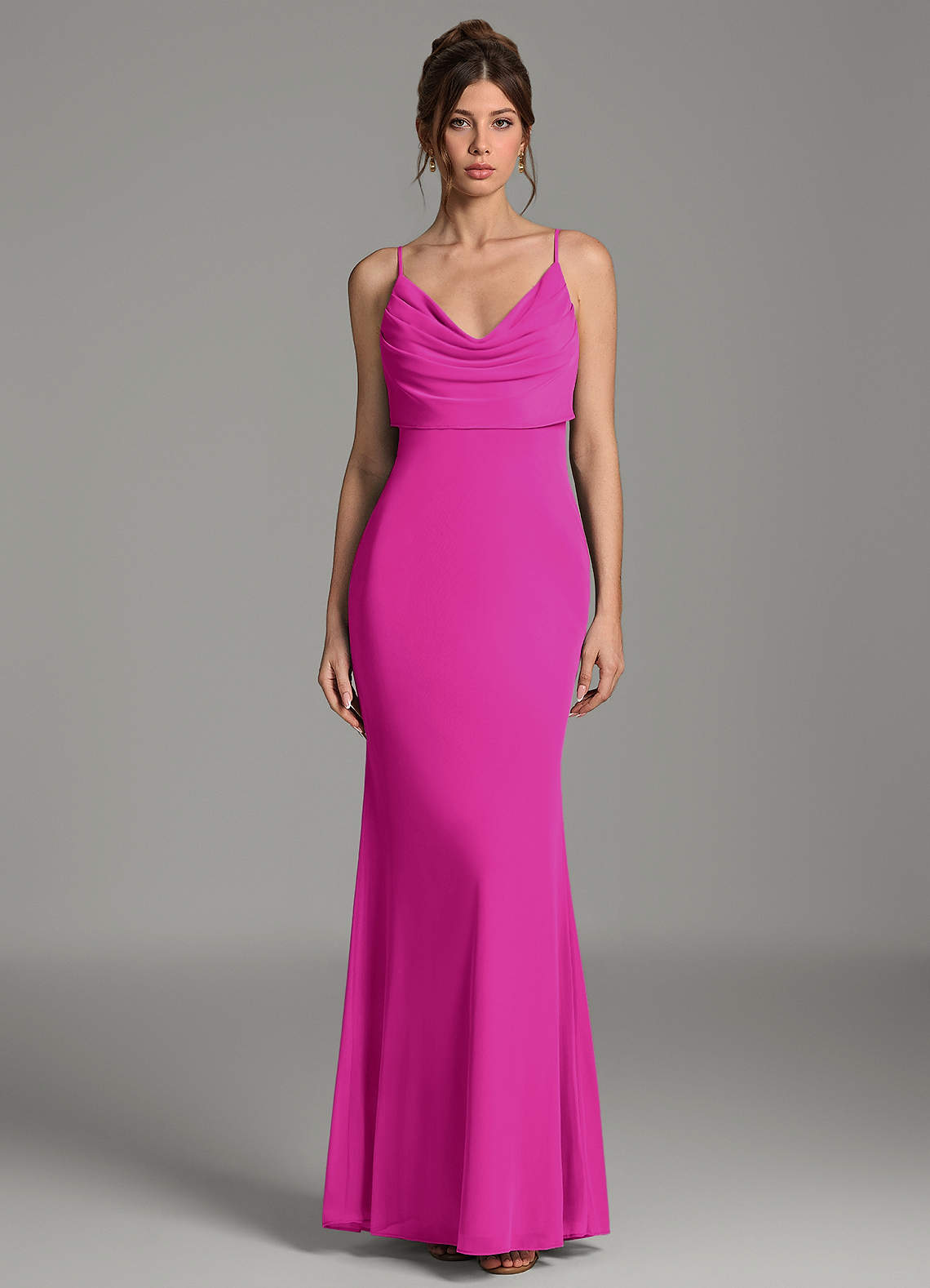 Zari Mermaid Cowl-Neck Mesh Bridesmaid Dress in Fuchsia