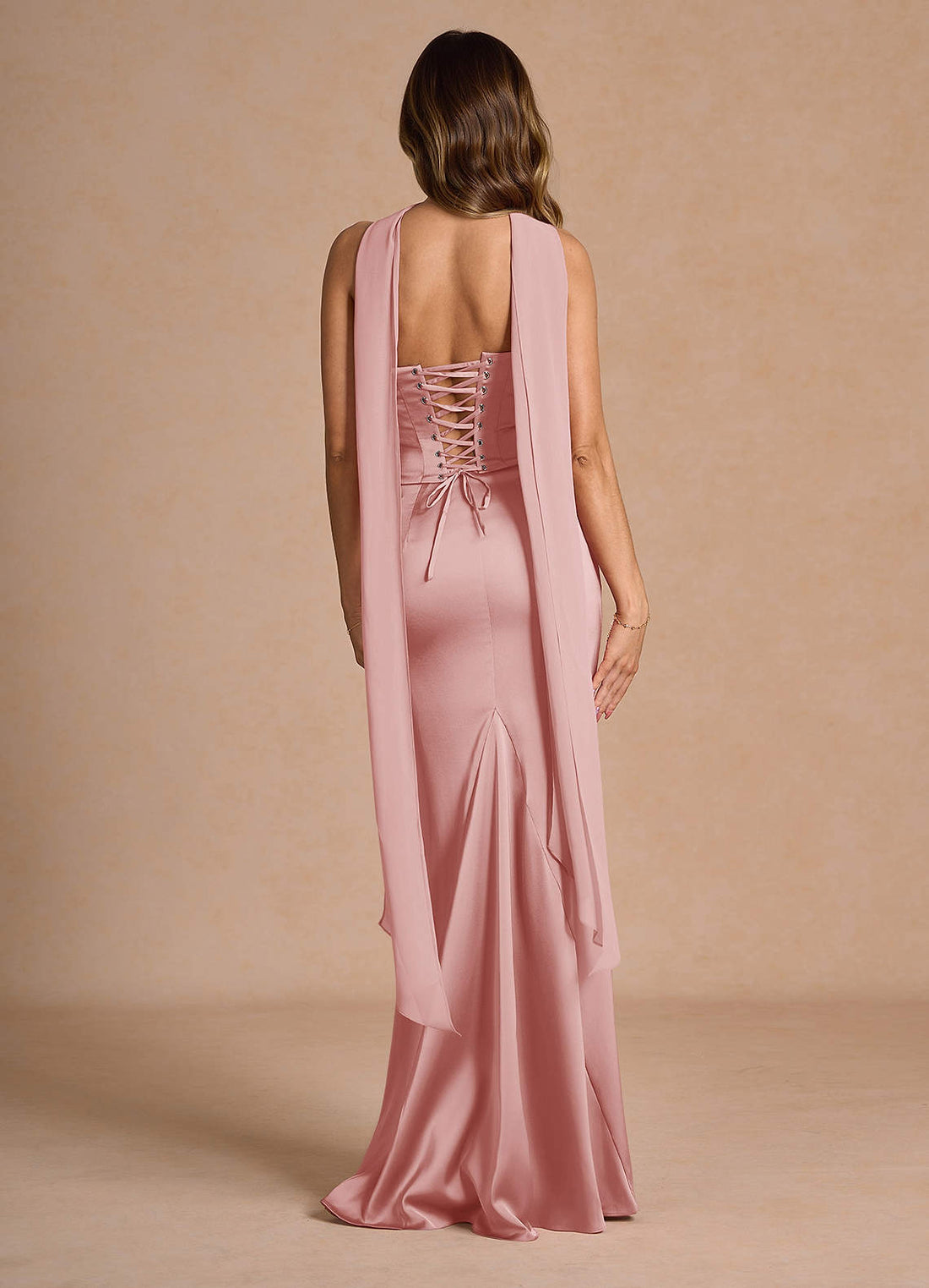 Sorrel Mermaid Corset Stretch Satin Evening Set in Haze Pink