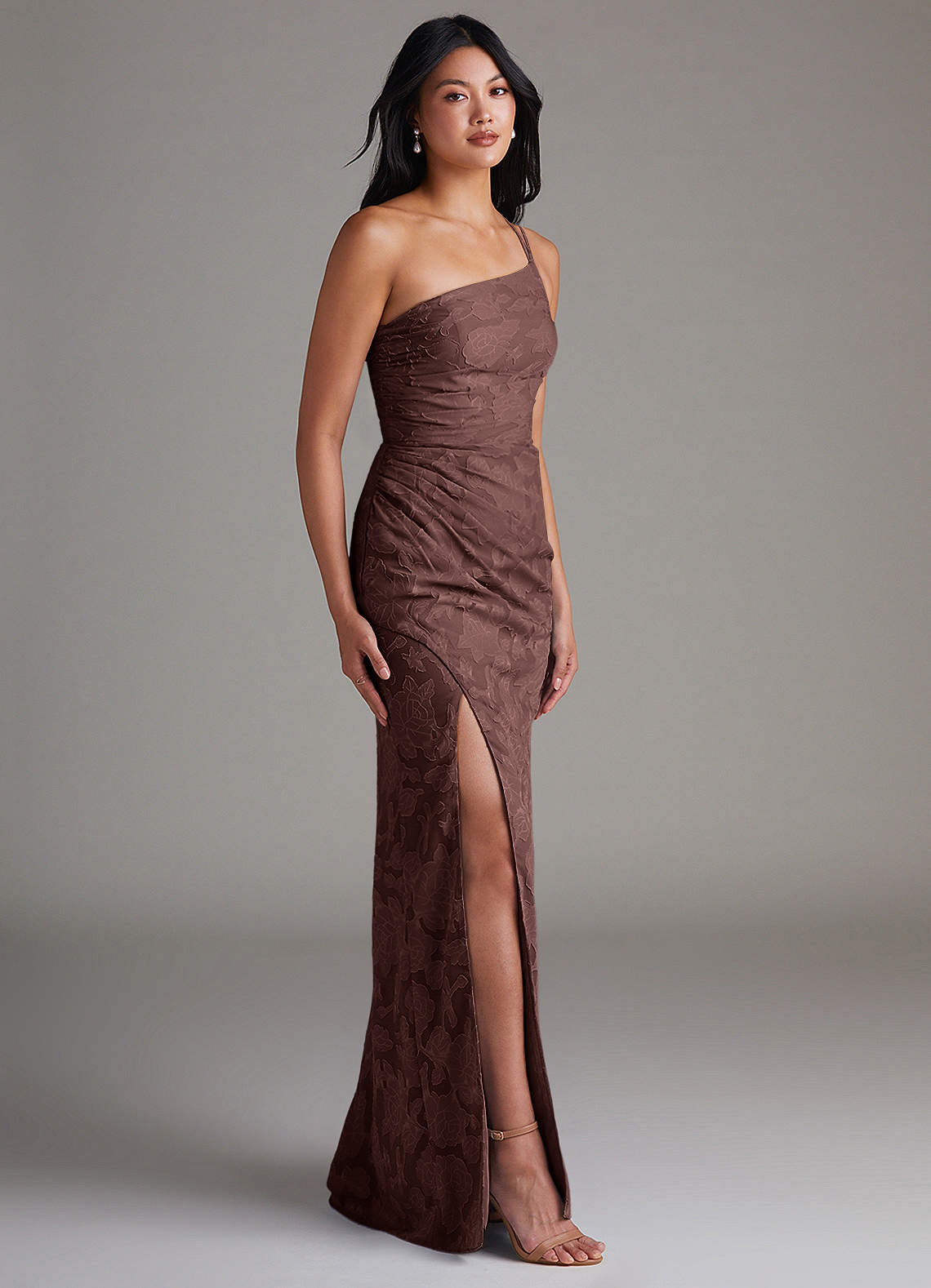 Eren Sheath One-Shoulder Floral Burnout Bridesmaid Dress in Espresso